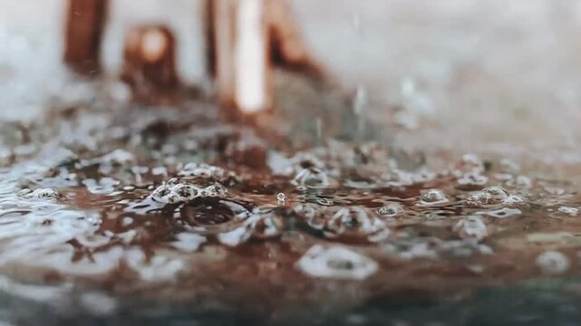 Copper fountain with water running in slow motion footage