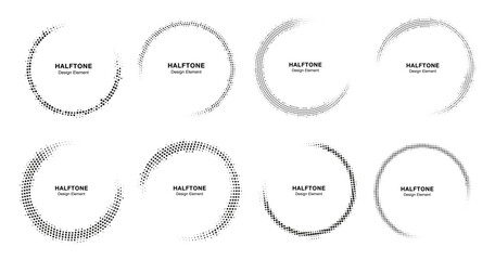Halftone Circle Frame Abstract Dots Logo Emblem Design Element For Medical, Treatment, Cosmetic. Round Border Icon Using Halftone Circle Dots Raster Texture. Vector Emblem.