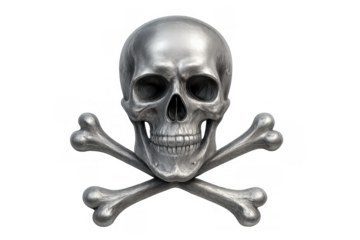 Silver metallic skull and crossbones symbol representing danger, death, piracy, and poison warning on transparent background