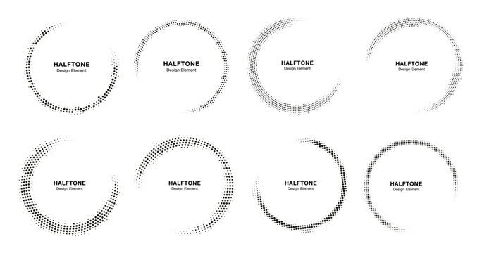 Halftone Circle Frame Abstract Dots Logo Emblem Design Element For Medical, Treatment, Cosmetic. Round Border Icon Using Halftone Circle Dots Raster Texture. Vector Emblem.