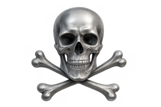 Silver metallic skull and crossbones symbol representing danger, death, piracy, and poison warning on transparent background - Powered by Adobe