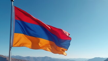 Armenian flag with red blue and orange stripes flies on flagpole against clear blue sky. Mountains are visible in the background on a sunny day.