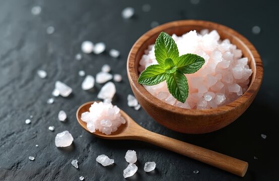 Pink Himalayan salt in a wooden bowl with mint leaf garnish and spoon. Coarse salt crystals are scattered on a dark slate surface. This natural ingredient is perfect for cooking bathing and wellness.