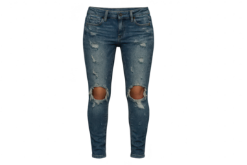 Blue ripped denim jeans, fashionable style, on a transparent background, isolated