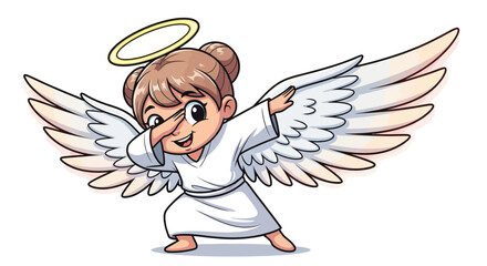 Cartoon angel illustration dabbing pose with halo and wings expressing joy and happiness