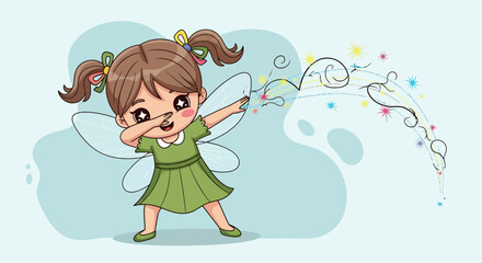 Adorable cartoon fairy girl performing dab pose with wings and magical trail isolated on light