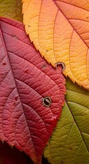 Fototapeta premium Close up of vibrant autumn leaves in red orange and green colors
