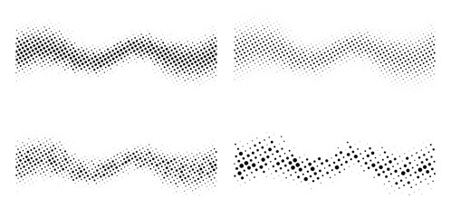 Halftone Wave Pattern. Abstract Half Tone Circle Dots Wavy Background. Music Sound Wave. Vector Set.