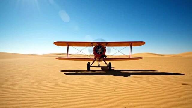 A vibrant biplane gracefully dances across the vast golden sands of a desert landscape, showcasing flight against a stunning blue sky.