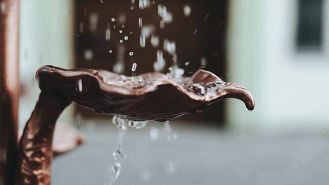 Copper fountain with water running in slow motion footage