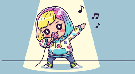 Cute cartoon girl with colorful hair singing with a microphone on stage illustration