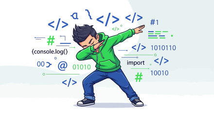 Cartoon Programmer Celebrating Coding Success with a Dab Dance and Various Code Symbols all around