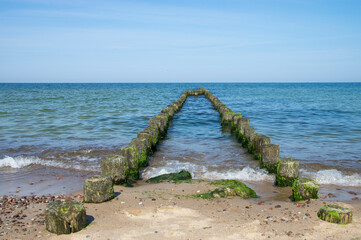 Falochron porośnięty zielonymi glonami nad morzem Bałtyckim © Sebastian