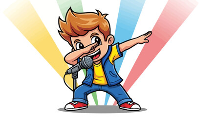Cartoon boy character doing a dab pose while holding a microphone illustration