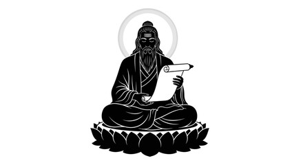 Stylized black and white illustration of a bearded sage figure sitting on a lotus, holding a scroll and pen, with a halo.
