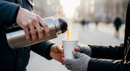 Naklejka premium Street outreach volunteer pouring hot coffee from a thermos into a paper cup for a homeless person on a cold morning charity and kindness in the community close up of hands