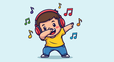 Cheerful cartoon boy with headphones listening to music and dancing happily dabbing