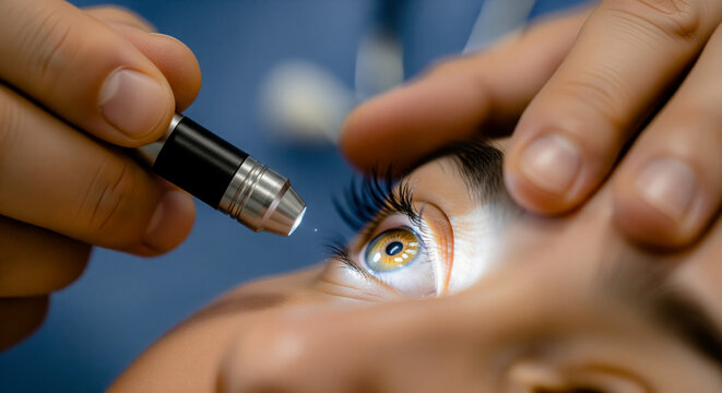 Emergency doctor in gloves using a penlight to check a patients pupil response after a head injury neurological examination and concussion test in a hospital trauma center