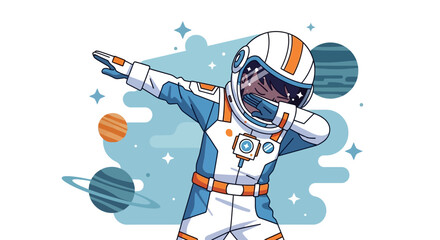 Cartoon Astronaut Doing the Dab in Space with Planets and Stars Illustration