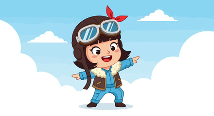 Adorable Cartoon Girl Pilot Imagines Flying Amidst Fluffy Clouds in the Sky