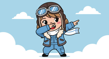 Adorable cartoon pilot girl dabbing against a light blue sky with fluffy clouds illustration