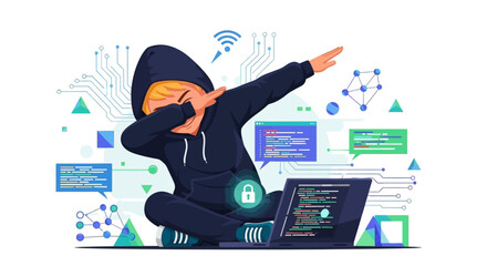 Cartoon hacker dab celebration with laptop and digital network technology background