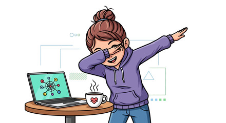 Cartoon girl dabbing next to a laptop displaying a complex network diagram and a coffee cup