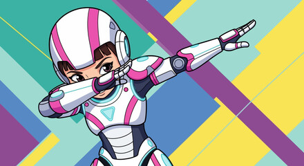 Futuristic cyborg girl with pink accents performing a dab on colorful background
