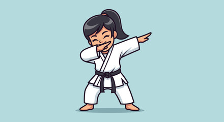 Cute cartoon karate girl dabbing in martial arts uniform and black belt pose illustration
