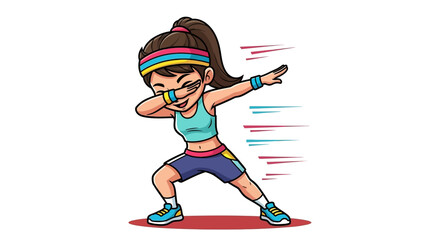 Cartoon fitness girl dabbing with movement lines expressing vitality and energy perfect for