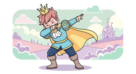 Cartoon illustration of a cheerful prince performing the dab in a whimsical landscape