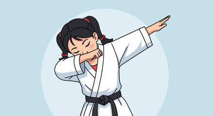 Cartoon girl in karate gi dabbing isolated on a blue background expressing joy and triumph