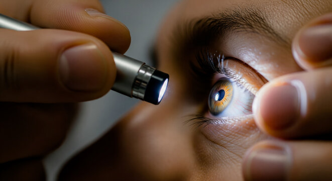 Emergency doctor in gloves using a penlight to check a patients pupil response after a head injury neurological examination and concussion test in a hospital trauma center