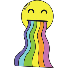 Yellow smiley face with rainbow colored vomit on transparent background graphic art