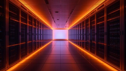Futuristic Data Center Corridor with Neon Lights and Reflection Effects