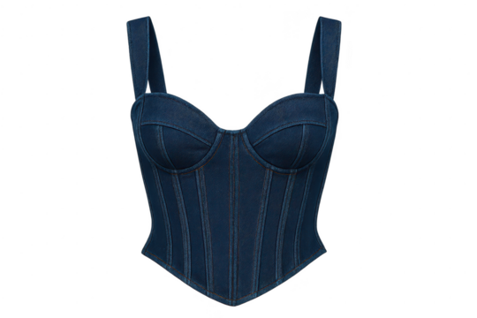 Blue denim corset top isolated on a transparent background, fashion apparel