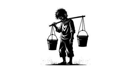 A young boy's silhouette carrying two buckets on a yoke, depicting traditional labor.
