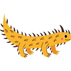 Yellow Spiky Lizard Cartoon With Pink Cheeks and Brown Spikes Against Transparent Background