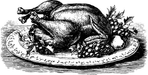 Roasted chicken on a vintage platter. Hand-drawn vector illustration featuring a decorative set of garnishes and details, suitable for fine dining.