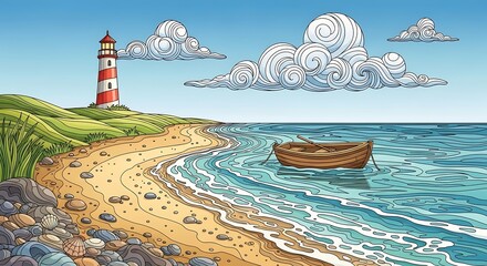 Coastal scene with lighthouse boat beach and clouds cartoon illustration