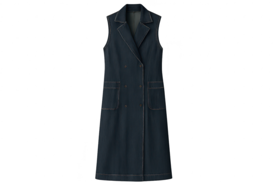 Elegant long denim vest dress isolated on transparent background, cutout style