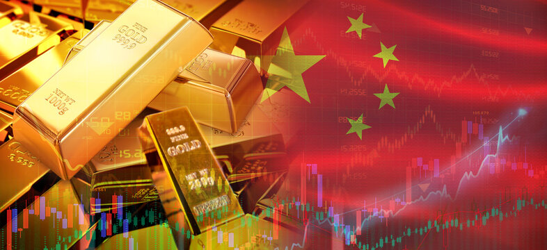 Gold bars stacked on Chinese flag. China gold reserves, Concept