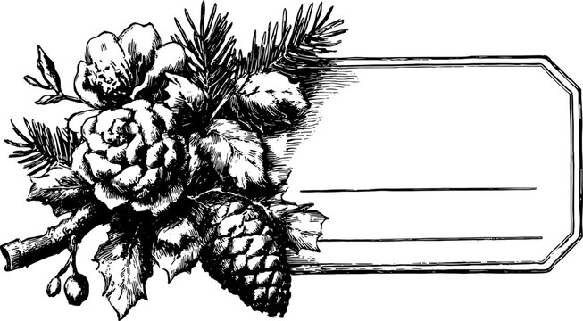 Botanical illustration featuring flowers, a pinecone, and leaves. A vintage design set in black and white, ideal for labels or greeting cards, presented as a vector illustration.
