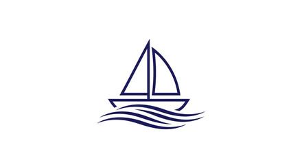 A minimalist blue line art icon of a sailboat with sails on stylized waves, against a white background.
