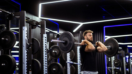 Weightlifting session in a modern gym with vibrant lighting and focus on strength training