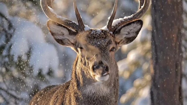 Majestic deer standing in snow-covered forest during winter  