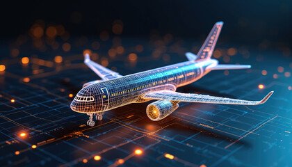 Wireframe airplane model on digital circuit board. Futuristic interface displays flight data. Advanced aviation tech simulation and global air traffic monitoring concept.