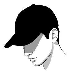 A black and white illustration of a person wearing a baseball cap, looking down with their face shadowed by the brim.