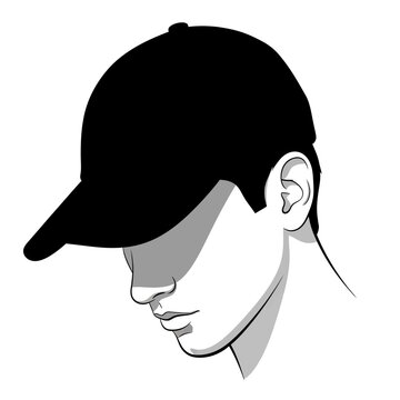 A black and white illustration of a person wearing a baseball cap, looking down with their face shadowed by the brim.