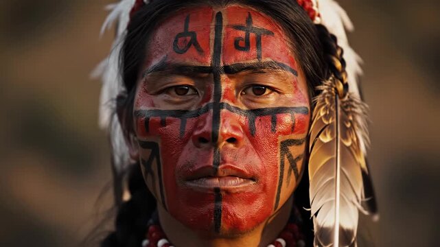 A proud warrior adorned with traditional face paint stands firm against a breathtaking sunset. Nature's beauty reflects the deep connection to heritage and strength.